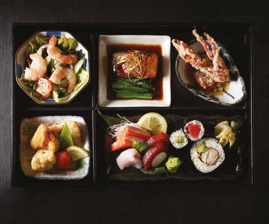 BENTO BOXES 弁当 MAKUNOUCHI BENTO 38 Soft shell crab with shiso salsa Prawn salad Assorted sashimi and sushi Chef s special selection Steamed rice Miso soup And your choice of main: Chicken teriyaki