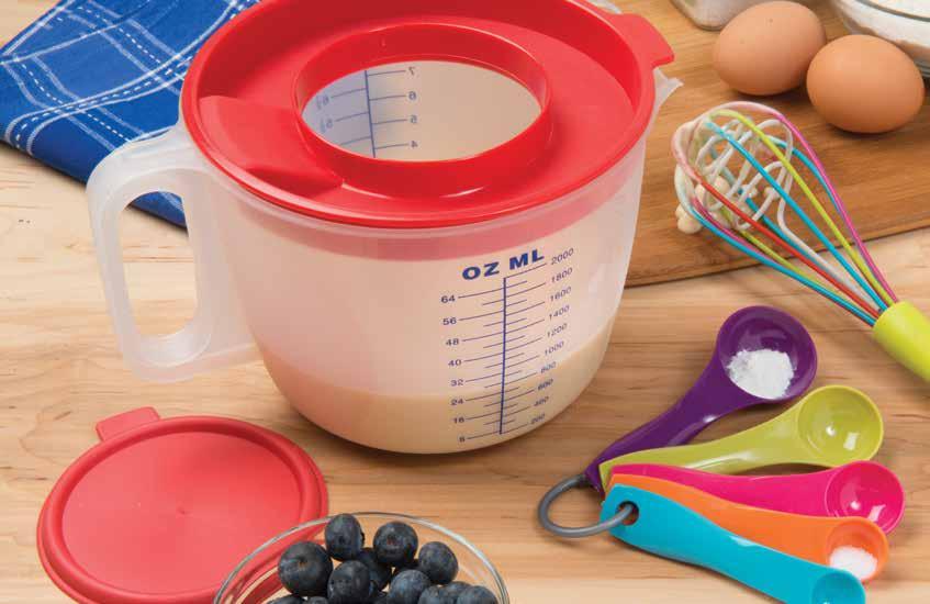 Removable center cover reveals a no splatter ring to prevent a mess while mixing. Silicone Covered Whisk Will not retain odor.
