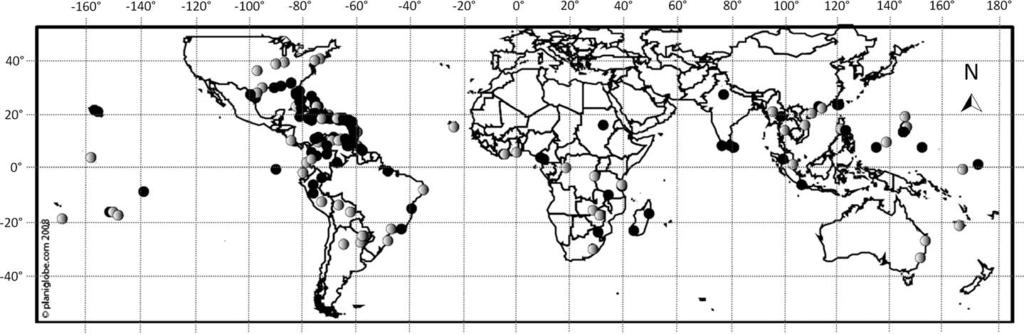 Figure 2. Global geographic distribution map of Antigonon leptopus, excluding Mexico and Central America (its native range).