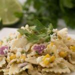 SMALLER FAMILY- STREET CORN PASTA SALAD S I D E D I S H Serves: 3 Prep Time: 10 Minutes Cook Time: 10 Minutes 5 ounces bow tie pasta 1 Tablespoon olive oil 1 cup frozen corn 6 Tablespoons mayonnaise