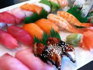 sushi nigiri two each tuna, salmon, yellowtail, shrimp,