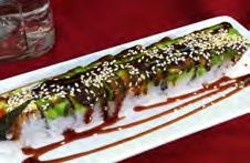 Drizzled with eel sauce and sesame seeds.