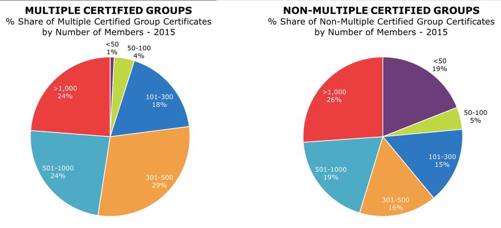 multiple certified have greater than 300 members, whereas 61% of non-multiple certified groups have greater