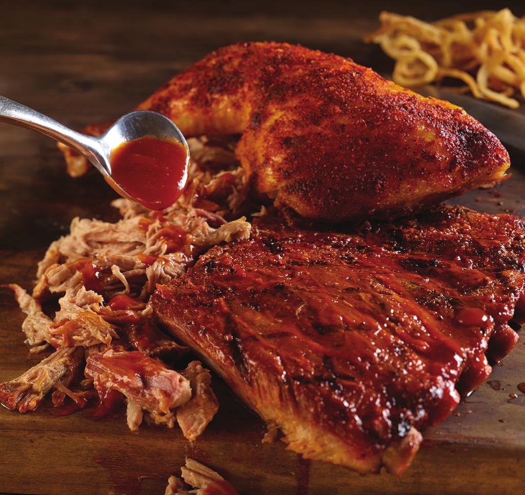 Hickory-smoked ribs Fall-off-the-bone tender BBQ pork ribs, rubbed with our signature seasonings and basted with hickory barbecue sauce.