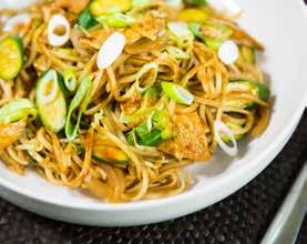 HOISIN CHICKEN NOODLES Serves 2 (each serving contains approx 425 kcal) 100g dried wholewheat noodles 2 skinless and boneless chicken fillets 4 tbsp hoisin sauce (60g) 1 courgette or 120g baby