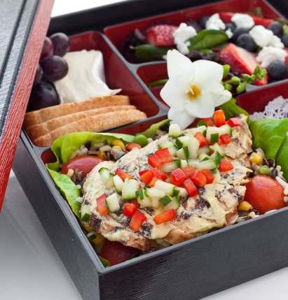 LUNCH MENUS made from the freshest ingredients BENTO BOXES Includes Entrée, 2 sides, and 1 dessert Vegetarian Napoleon of Grilled Vegetables Hummus, Corn, Peas, Tomatoes, Couscous, Dijon Vinaigrette
