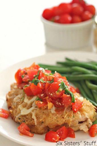 DAY 4 SMALLER FAMILY- BAKED BRUSCHETTA CHICKEN M A I N D I S H Serves: 5 Prep Time: 20 Minutes Cook Time: 30 Minutes 1/3 cup dry Italian bread crumbs 1/4 cup grated Parmesan cheese 1/2 cup flour 3