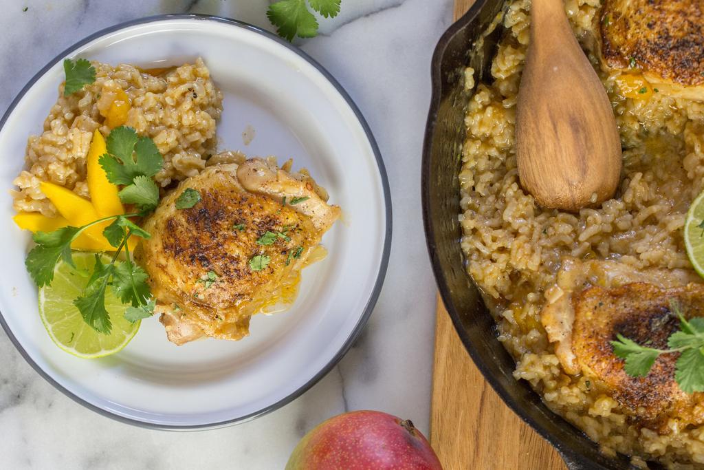 Chili lime mango chicken & rice recipe Prep time: 30 minutes cook time: 45 minutes Serves 5 1. FOR THE CHICKEN: Preheat oven to 375 F. For the chicken 1 Tbsp. oil 5 bone-in chicken thighs 1 tsp.