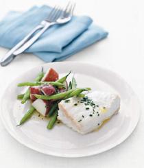 Poached Halibut Yields 4 servings Total Time 40 minutes 1pound red potatoes kosher salt and black pepper 1 pound green beans, trimmed 3 tablespoons unsalted butter 2 tablespoons chopped fresh chives