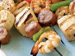 Surf & Turf Kebabs Yields 6 servings Total Time 20 minutes + 30 for chilling 12 wooden or metal skewers 1/2 cup fresh orange juice 1/4 cup coconut oil 2 tablespoons apple cider vinegar 1 tsp minced
