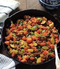 Beef & Veggie Skillet Yields 4 servings 1 tbs coconut oil 1lb extra-lean ground beef 1 garlic clove, minced ½ cup onions ½ cup red bell pepper 2 ½ cup sweet potato, diced small ¼ cup bone broth or