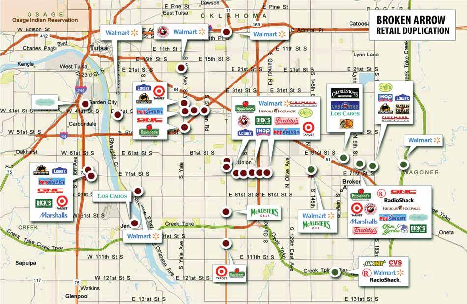 >> Tulsa/Broken Arrow Retail Duplication Map Broken Arrow, though closely tied to the Tulsa market, stands alone as a community with a huge spending potential for retail.