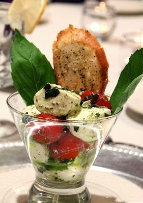 Pancetta crisp Alfresco Martini Caprese salad-martini glass with marinated baby Bocconcini, fresh