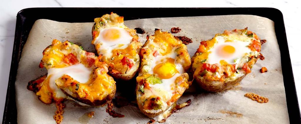 StuΩed Potato with E 2 large baking potatoes ½ cup salsa 4 eggs ½ cup grated cheese (optional) salt & pepper Wash the potatoes well. Pierce them with a fork and wrap them in tinfoil.