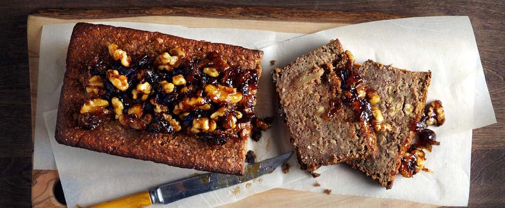 Banana Bread 8 small ripe bananas 2 cups honey dates, pitted 1 cup egg whites 1 cup walnut pieces 2 cups oat flour ½ cup maple syrup 1 tsp cinnamon garnish with walnut pieces, cinnamon, and honey