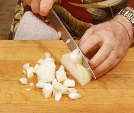 3 3 Chop an onion to a medium chop.