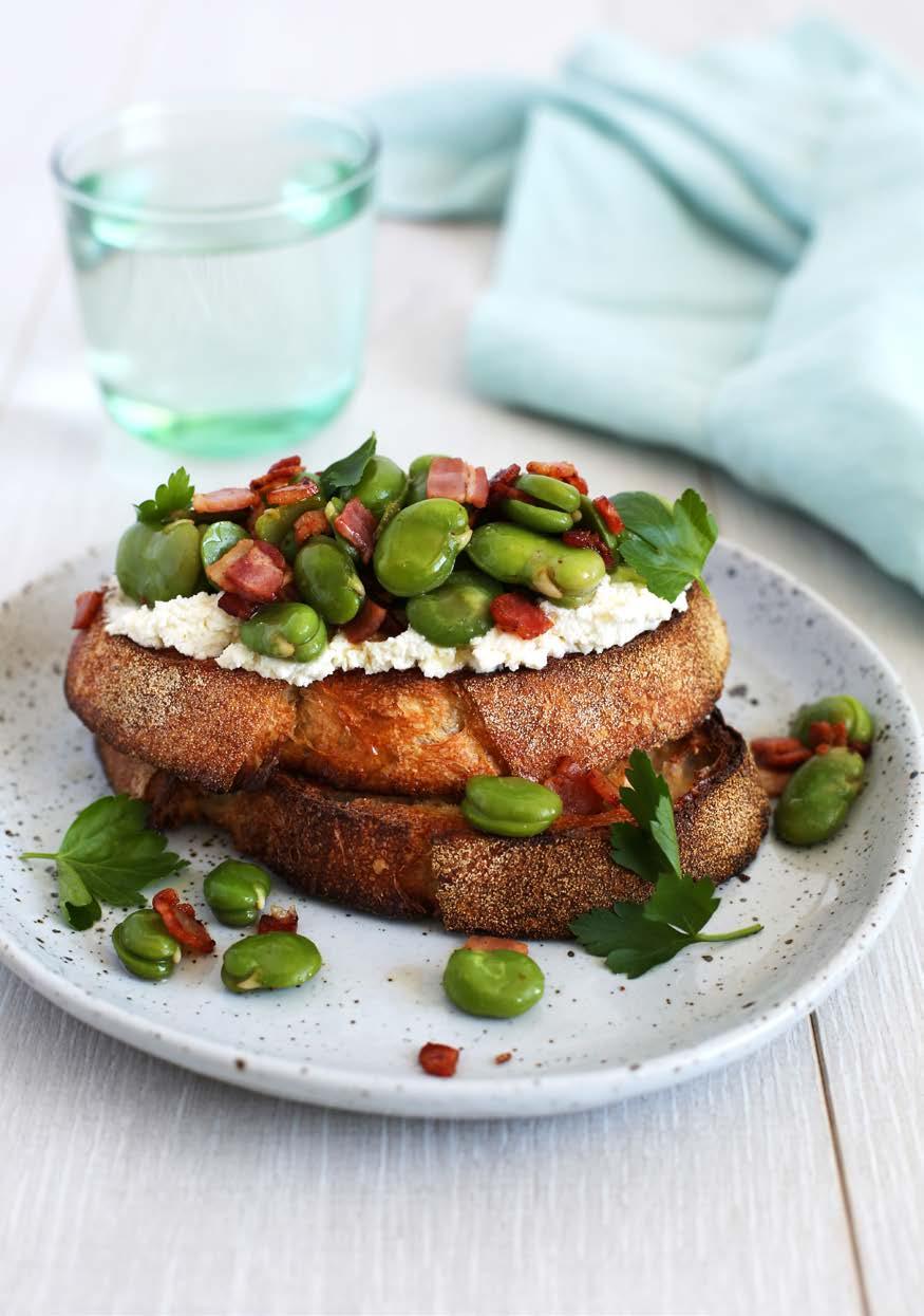 Broad bean & bacon bruschetta 15 mins 4 Sourdough bread, cut into 4 thick slices 600 gm broad beans, already podded 2 rashers bacon, diced 2 cloves garlic, finely chopped Handful of flatleaf parsley