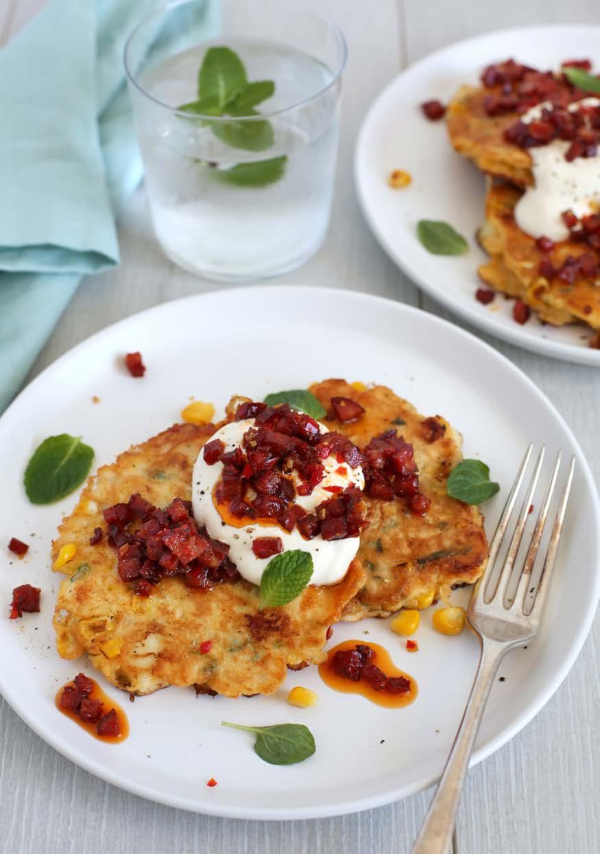 Corn & halloumi fritters with chorizo & chilli 15 mins 15 mins 4 2 corn cobs, husks and silks removed 100 gm halloumi cheese, diced 2 tbsp grated parmesan cheese ½ cup mint leaves finely chopped,