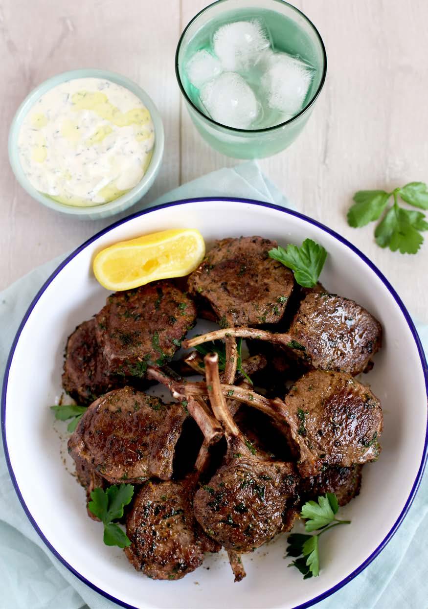 Greek style lamb cutlets with dill & honey tzatziki 15 mins 4 12 lamb cutlets 1 tsp cinnamon 1 tsp dried oregano Zest of 1 lemon ¼ cup olive oil ½ cup flat leaf parsley, finely chopped, plus extra