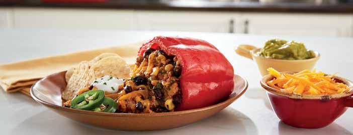 Mexican-Style Stuffed Capsicums Sticky Spare Ribs 20 MINUTES 5 SERVINGS 15 MINUTES 5 capsicums (any colour) 750g minced beef 400g can black beans, drained and rinsed 2 cups shredded tasty cheese 1