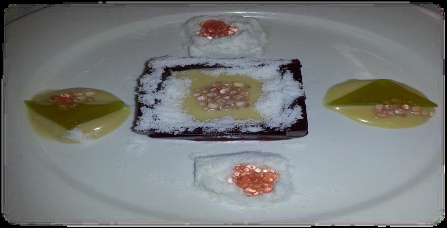 A different approach was taken to the final presentation of the dish which resulted in the square mould being used to hold the thickened strawberry syrup which would become the main focus on the