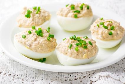 SAVORY MEAL 1 MEDITERRAN MEDITERRANEAN DEVILED EGGS A delicious start to your meal. These eggs have capers, kalamata olives, sun dried tomatoes and fresh basil inside of them.