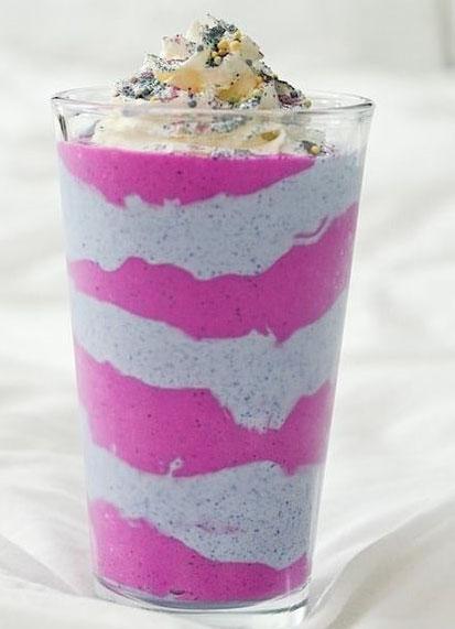 Unicorn Smoothie 1 cup strawberries, frozen* 1 cup blueberries, frozen* ½ crushed pineapple** ½ medium sized banana* 1 cup 1% or nonfat milk* 1 cup Cheerios, crushed* (Cheerios are a good source of