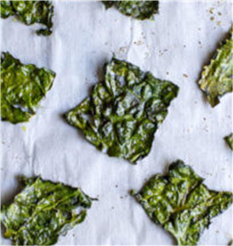 Kale Chips 1 bunch kale* 2 tablespoons olive oil salt and freshly ground black pepper 1. Preheat the oven to 275 F. 2. Rinse the kale and dry thoroughly. 3.