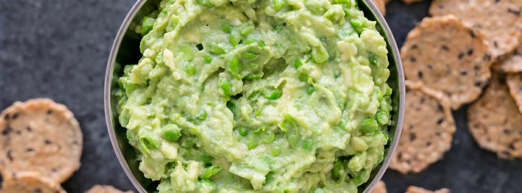 Smashed Peacamole with Crackers 6 ingredients 10 minutes 4 servings 1. In a bowl, smash the peas with the back of a fork. 2. Add avocado and mash until well combined.
