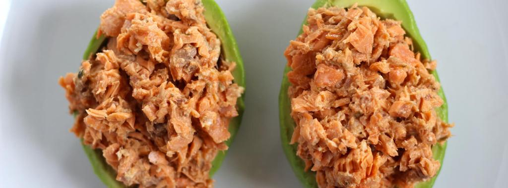 Salmon Stuffed Avocado Boats 3 ingredients 10 minutes 1 serving 1. Slice the avocado in half and remove the pit.