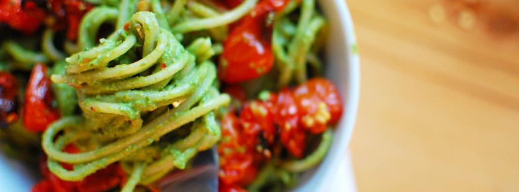 Spaghetti with Pesto & Roasted Tomatoes 10 ingredients 30 minutes 5 servings 1. Preheat oven to 420.