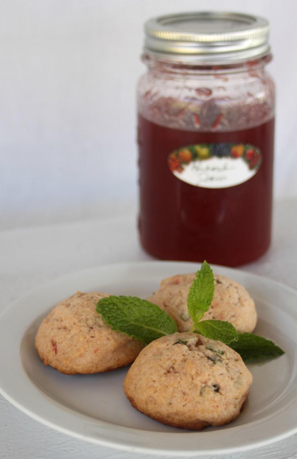 Rhubarb jam cookies 1 Cup Butter, softened ¼ Cup Sugar 1 Egg ½ Cup Rhubarb Jam 1/3 Cup Mint, chopped (1/4 ounce by weight) 2 1/3 Cups All-Purpose Flour 1 teaspoon Baking Soda Preheat oven to 350
