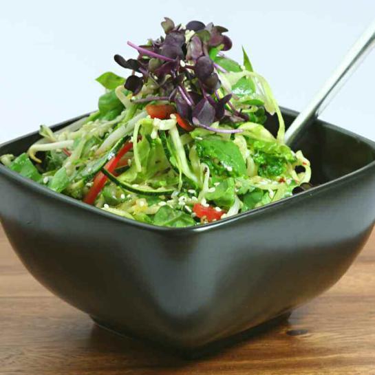 crunchy thai salad 2 cups zucchini noodles 1 cup bean sprouts 1 red pepper, cut julienne 1 handful baby spinach 1 finely sliced and seeded red chili 1 handful rocket 2 spring onions, sliced 1/3 cup