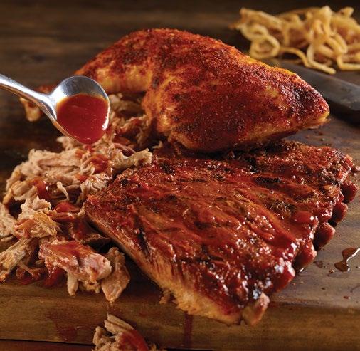 HICKORY-SMOKED BARBECUE COMBO Perfect for people who want it al -your choice of ribs, chicken or pulled pork.* duo combo $27.90 ƒ49.94 trio combo $32.90 ƒ58.