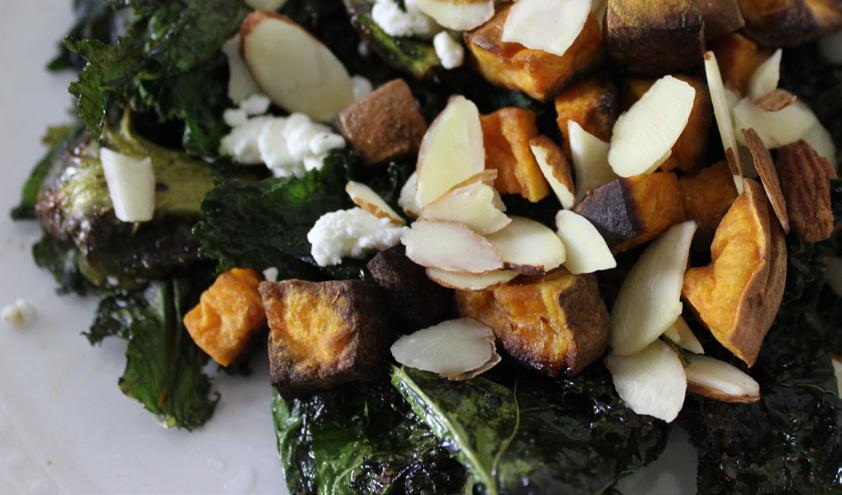 Load up your plate Sweet potato and kale SALAD 4 parts roasted kale 2 parts sweet roasted sweet potatoes 1 parts almond slivers, roasted for ~1 min 1 parts goat cheese crumbles