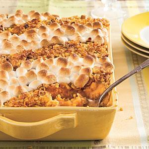 Classic Sweet Potato Casserole Yield: Makes 6 to 8 servings This mouthwatering sweet potato casserole will satisfy lovers of crunchy pecans and cornflakes as well as marshmallows.