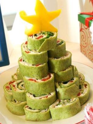 Christmas Party - Mains 8 Rainbow pinwheel tree (Makes 20) 4 large tortillas (spinach ones if possible) Low fat cream cheese 1 red pepper, 1 yellow pepper 4