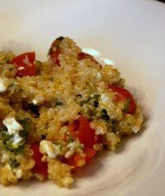 Tomato Feta Quinoa Pilaf DIRECTIONS: 1. Heat a saucepan over medium-high heat. Add oil to pan and when warm add in the shallots. Cook for two minutes and add garlic.