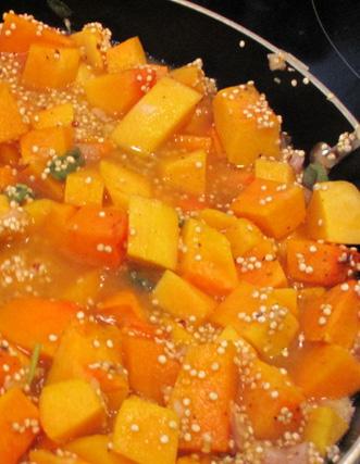 Quinoa Gratin with Butternut Squash DIRECTIONS: 1. Preheat oven to 350 degrees. Roast diced squash for 15 minutes. 2. Heat olive oil over medium heat.