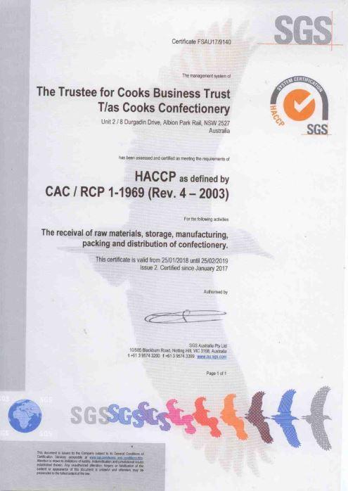 Food Safety Cooks Confectionery is committed to Food Safety and Product Quality evident through full implementation of the SQF Level 2 (HACCP) Food Safety Program in-line with internationally