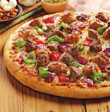 Double Meat & Peppers Sausage and meatballs piled atop our famous pizza sauce with fresh roasted red onions, seasoned red & green peppers and mozzarella cheese.