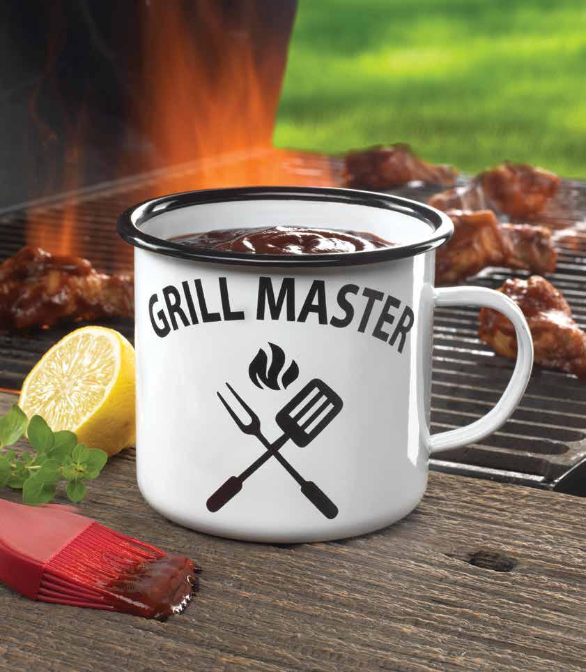 the GRILL MASTER PERFECT FOR THE GRILL, CAMPFIRE, OR OFFICE V5472 V5431 Grill Master Enamel Mug Grill Master la taza del esmalte Use to hold barbeque sauce while cooking on the