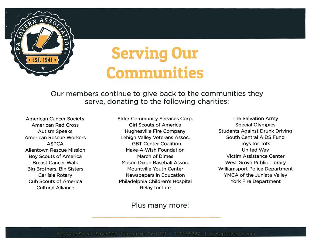 Serving Our Communities Our members continue to give back to the communities they serve, donating to the following charities: American Cancer Society American Red Cross Autism Speaks American Rescue