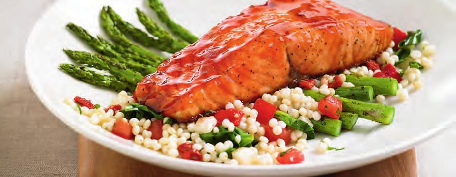CHERRY CHIPOTLE GLAZED SALMON* Oven-roasted Atlantic salmon topped with a slightly sweet and savory cherry chipotle glaze, served with roasted asparagus and a fire-roasted red pepper, tomato and