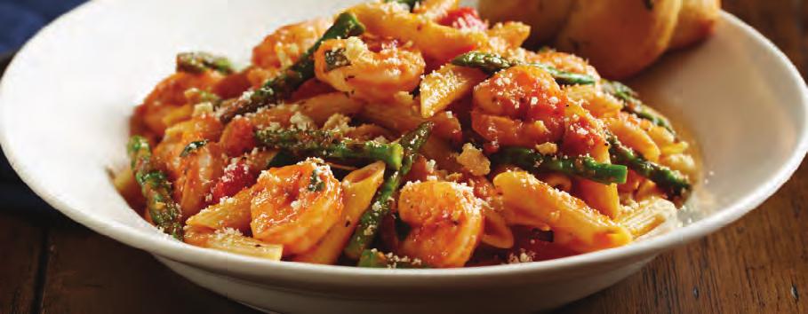 Shrimp and Asparagus Penne PASTA FAVORITES All pasta dishes are served with a garlic knot. Enjoy a house, Caesar, wedge or fresh mozzarella and tomato salad for 3.50.