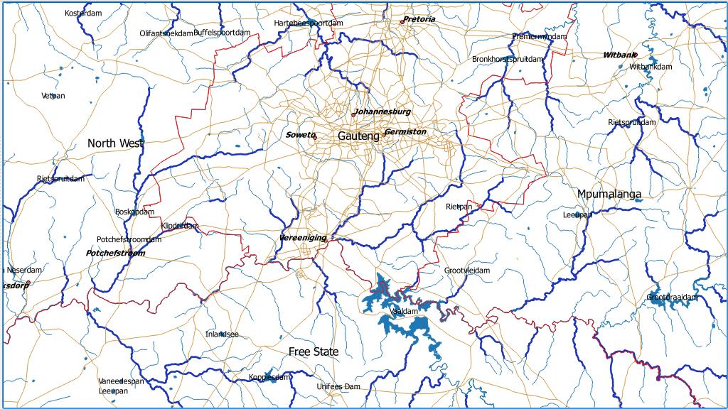 Map 3: Rivers and dams (blue), towns and roads (brown) Question 3.