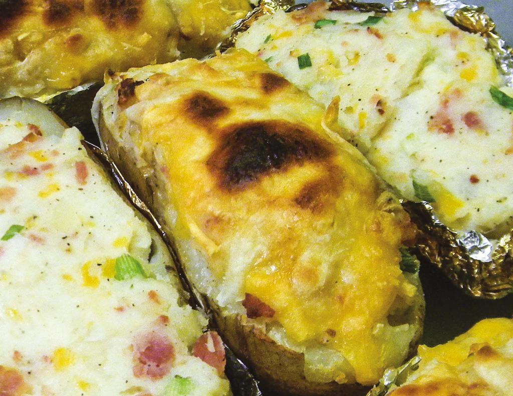 Cheesy Bacon Twice Baked Potatoes Ingredients 3 Baking Potatoes 250 ml Cream cheese (1 pkg) 1-2 Tbsp Chives 1/3 C Green onion ½ C Bacon ¾ C Cheddar cheese To taste Salt & pepper To taste Parsley