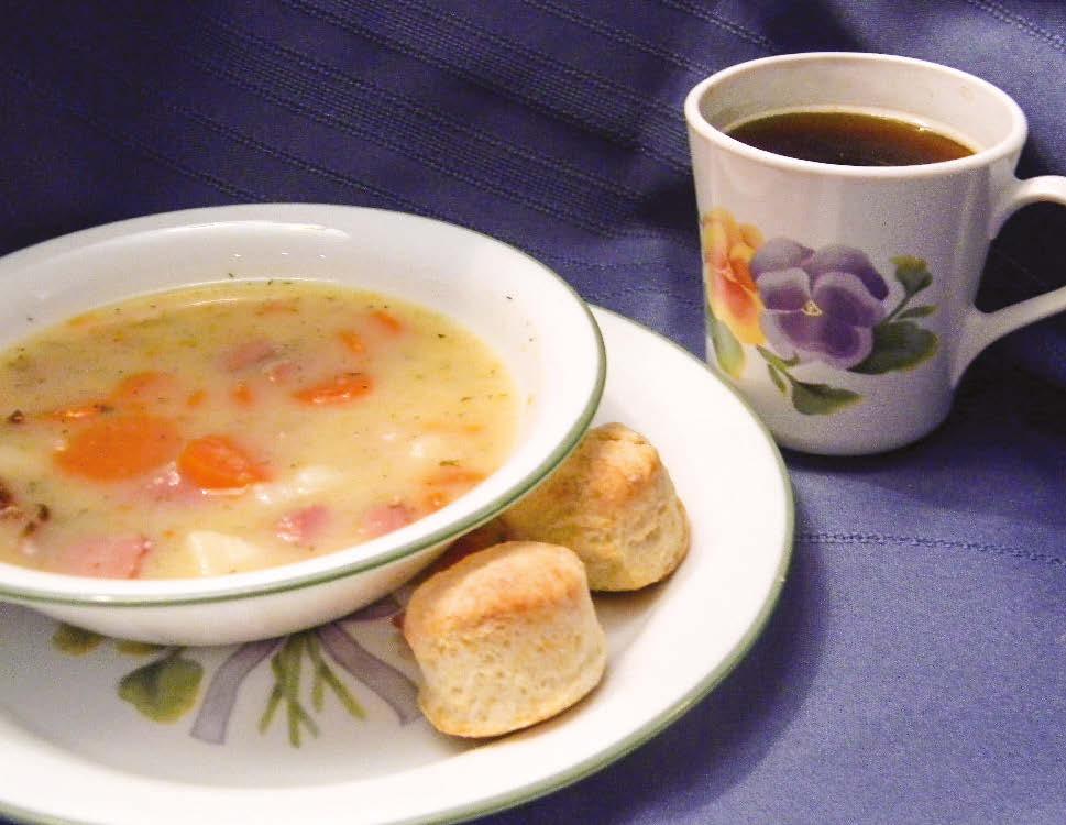 Potato-Ham Soup Ingredients 8 medium potatoes 3-4 cups diced cooked ham 1/3 cup finely chopped onion 1/3 cup diced celery 3 cups chopped carrots 10 cups water 1 tsp dry dill weed 1 tsp black pepper 1