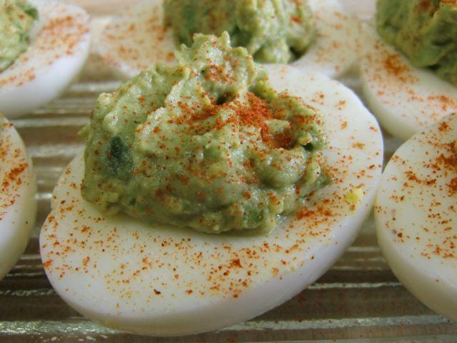 Spicy Avocado Deviled Eggs 12 hard boiled eggs 1 avocado 1/4 cup mayonnaise 1 Tablespoon ground cumin 1 Tablespoon finely chopped capers 1 Tablespoon dijon mustard 1 lime: juice and zest 1/2 teaspoon