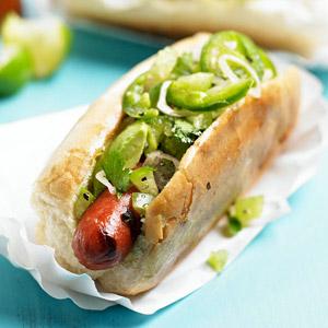 Avocado Relish Hot Dogs 2 Tablespoons olive oil 2 Tablespoons fresh cilantro 2 medium peppers sliced thin 4 green onions (white parts sliced only) 2 Tablespoons lime juice 1 cup diced red tomato 2